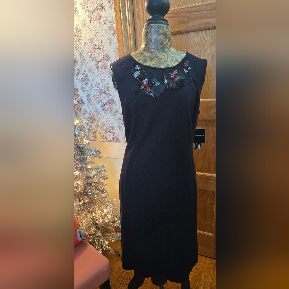 Liz Claiborne Black Sheath Dress w/Jeweled Bead Accents, NWT